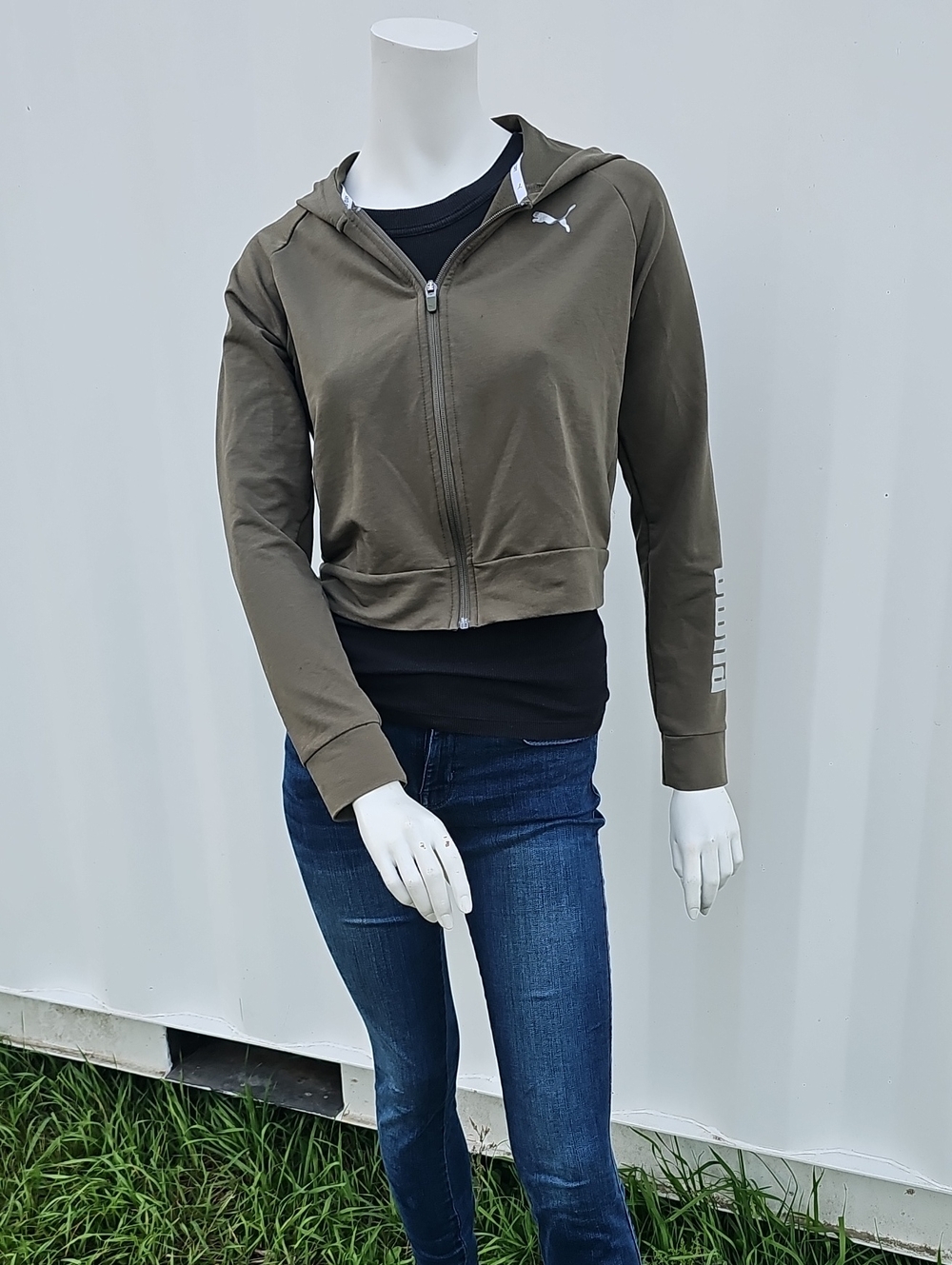 PUMA Olive Zip-Up Hooded Crop Jacket for Women